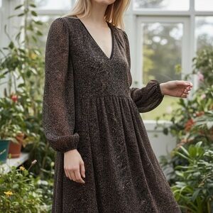 Madewell Brown Speckled V-Neck Long Sleeve Midi Dress